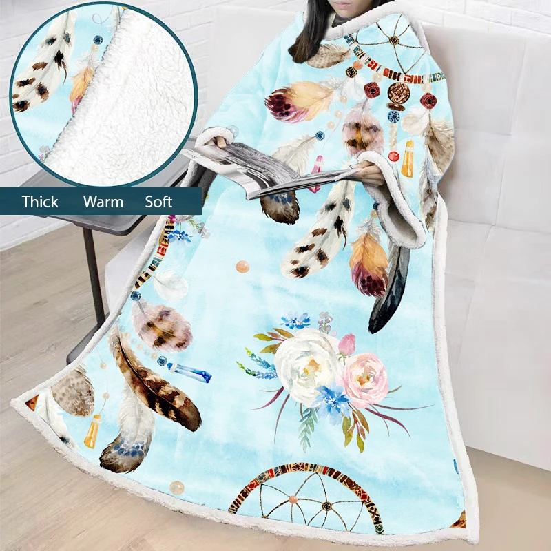 3D Feather Flower Sherpa Blanket for Beds Velvet Plush Throw with Sleeve DreamCatcher Soft Bedding Manta Custom | Дом и сад