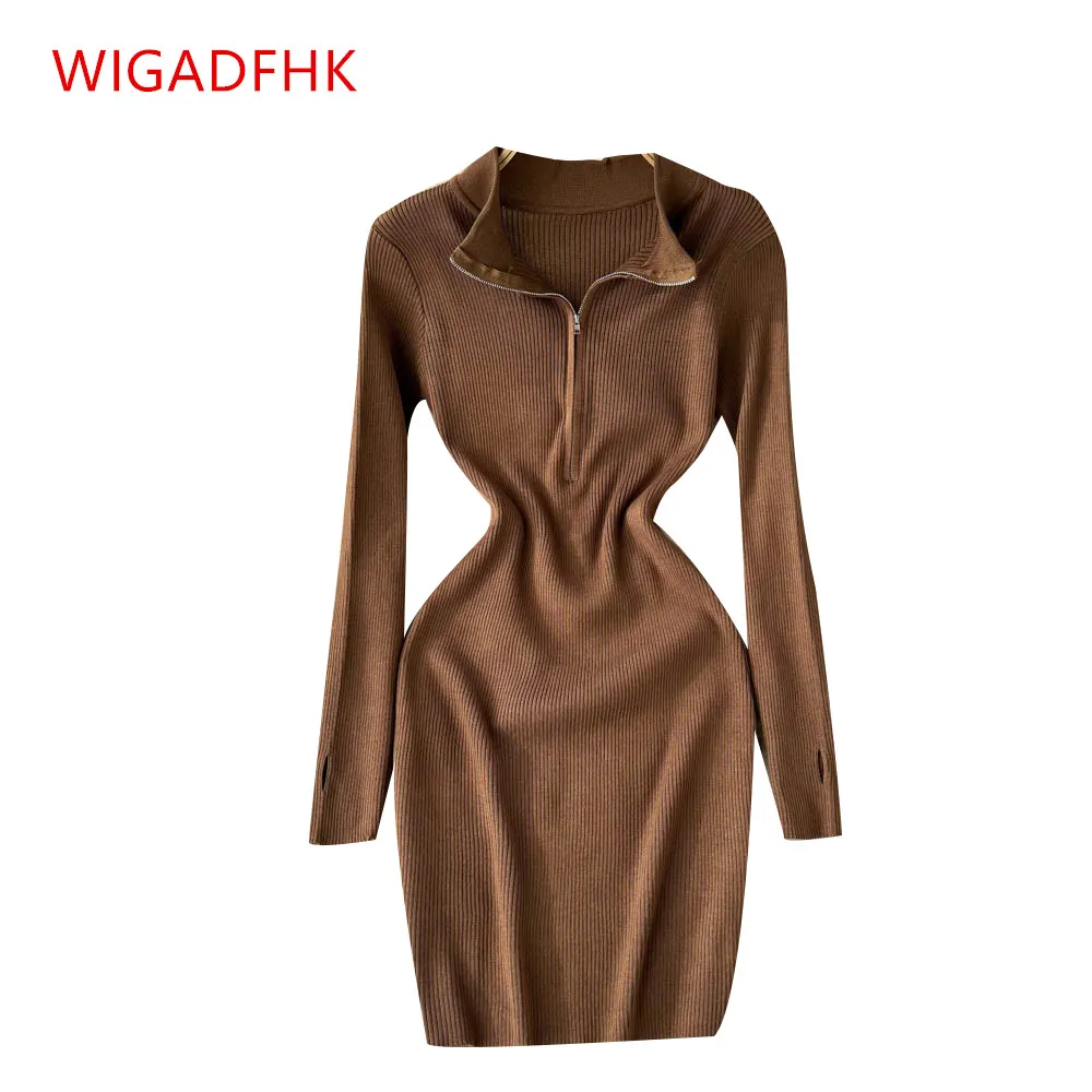 

Korean Fashion Half High Neck Zipper Long Sleeve Knit Dress 2022 Spring and Autumn Elegant Women's Tight Party Mini Dress
