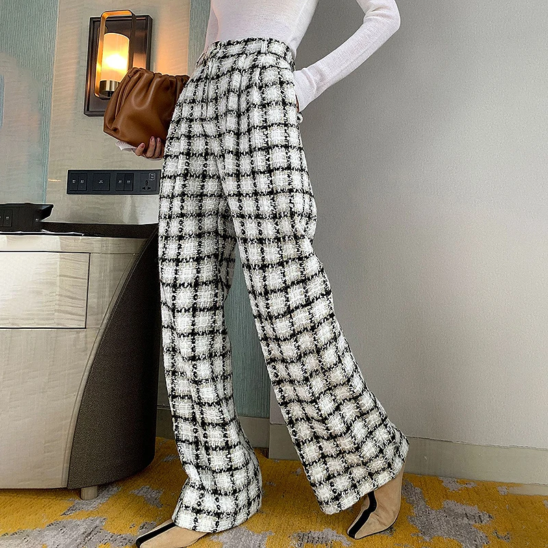 TWOTWINSTYLE Hit Color Casual Plaid Trousers For Women High Waist Pocket Wide Leg Pants Female 2020 Spring Fashion New Clothing