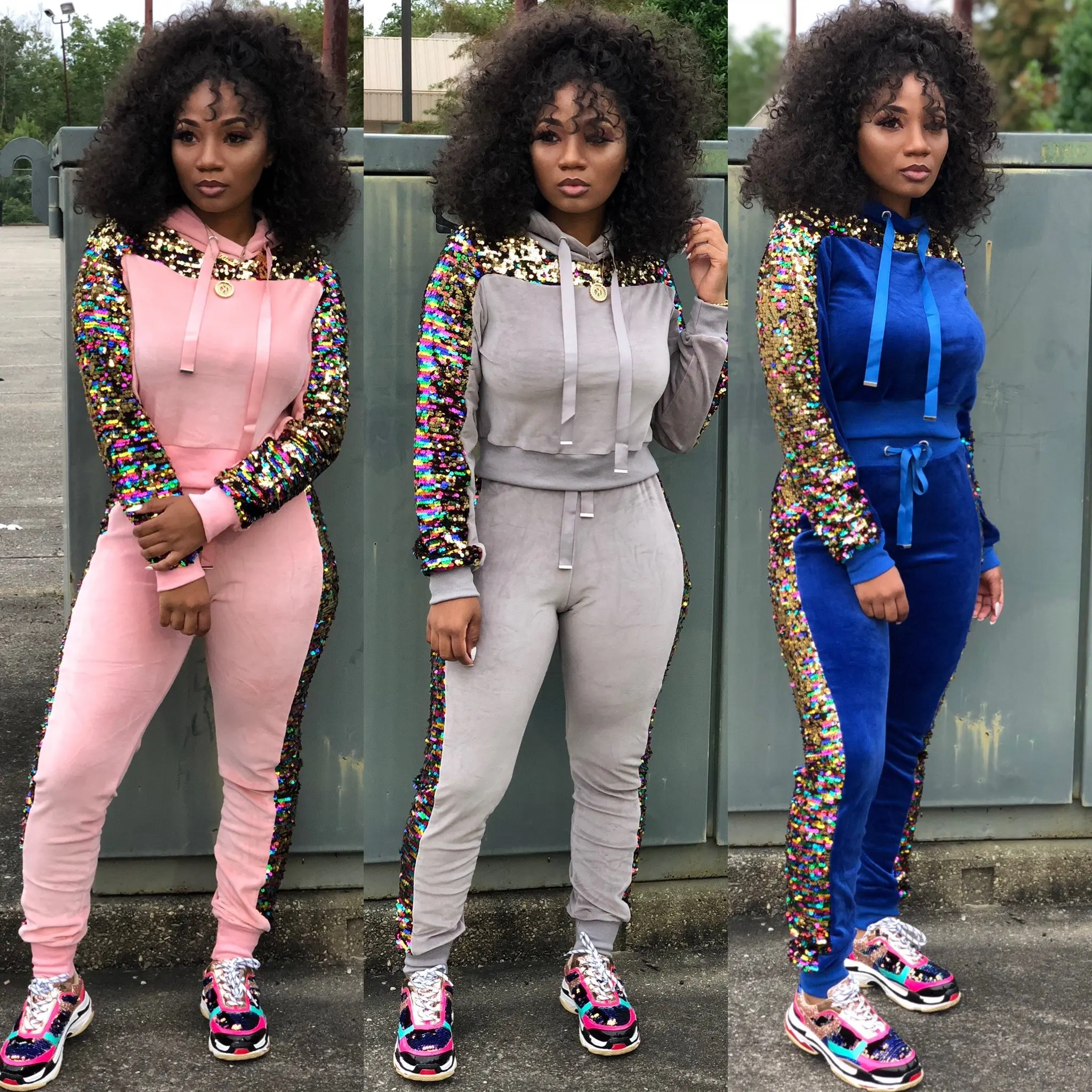 

Tmustobe Autumn Winter Sequin Two Piece Set Women Long Sleeve Hooded Top And Pencil Pants Suits Patchwork Tracksuit Female