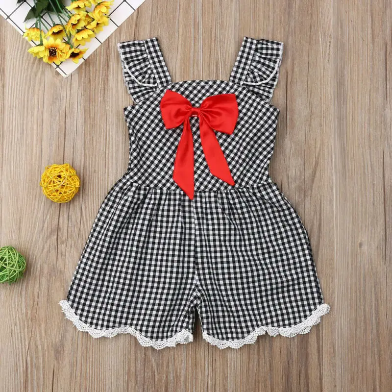 

2020 Autumn New Girls Romper Children Cotton Sleeveless Jumpsuit Kids Plaid Bow Baby Girls' Cotton One Pieces Toddler Clothes