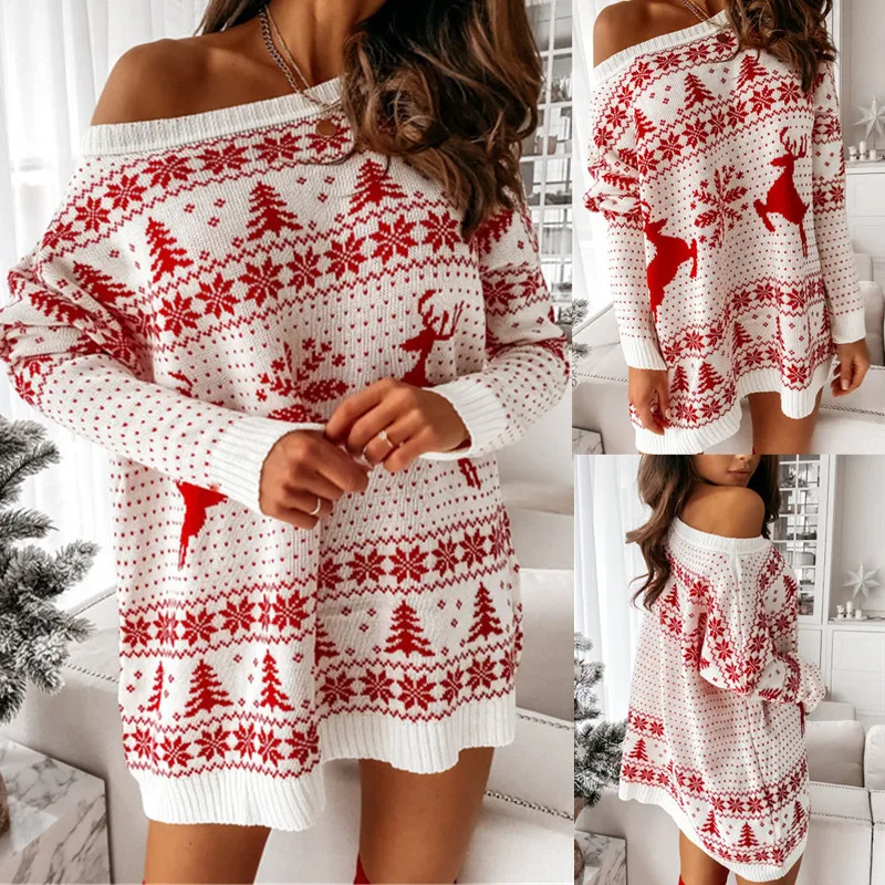 

Y2k женский Рождественский свитер с принтом в виде снежинок и оленей, жаккардовое вязаное Свободное платье с длинным рукавом и круглым вырез...