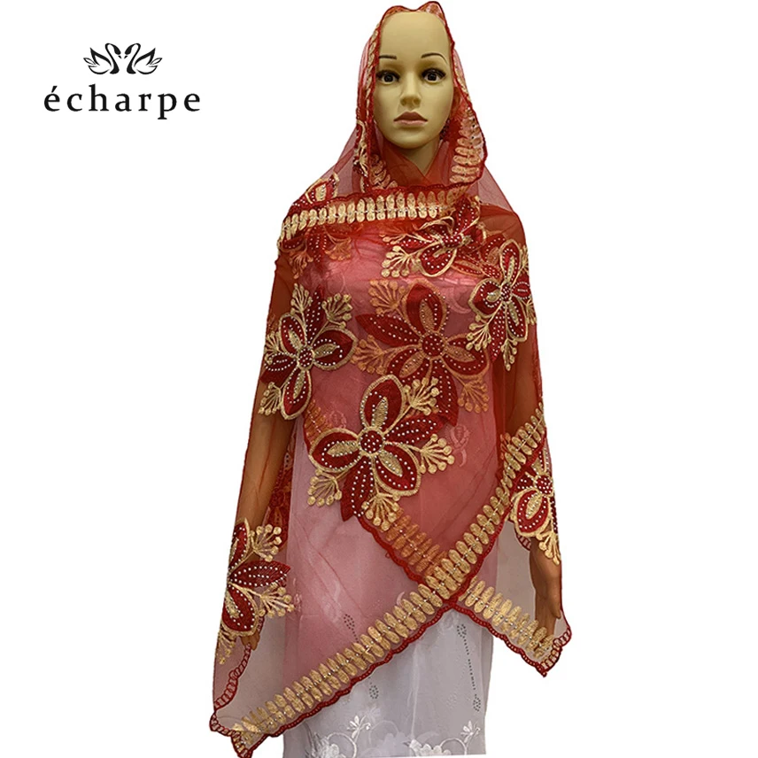 2020 HOT SALE !African women scarf muslim embroidery net hijab for shawls EC306 | Тематическая одежда и униформа