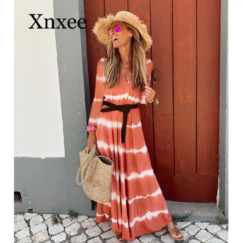 

Tie Dye Striped Long Dress Boho V-Neck 3/4 Sleeve Casual a-Line Maxi Dresses Vintage Dresses Fall Clothes For Women With Belt