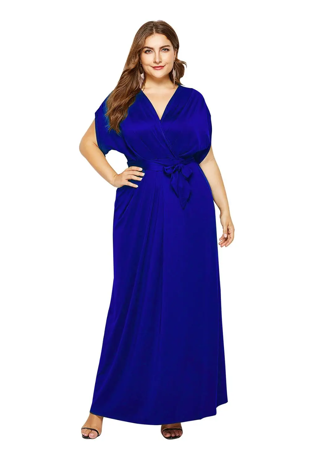 

European and American summer high-quality women's satin luxury fashion sexy solid color V-neck loose bat sleeve dress