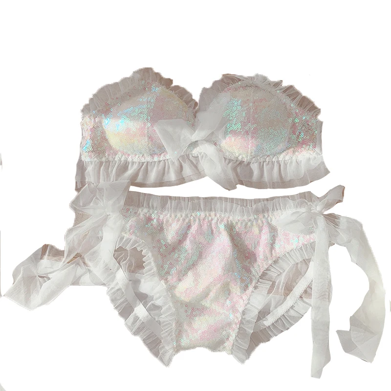 Japanese Girl Heart High-end Luxury Romantic Mermaid Princess Sequins Half Cup No Steel Ring Bra Set Luolita Lace Bow Underwear