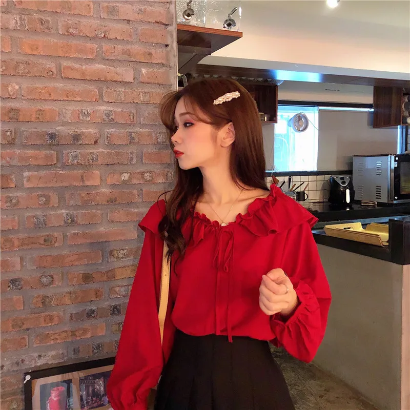 Новые осенние милые женские рубашки с оборками свободная Студенческая блузка