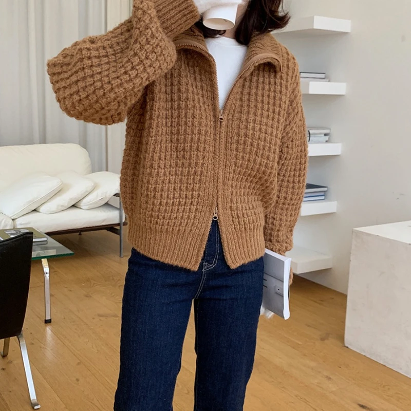 

Women's Long Zip Up Light Oversized Sweater Vintage Plaid Turn Down Collar Cropped Short Jacket Spring Outerwear