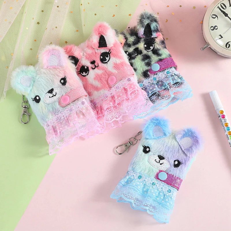 Kawaii Cartoon Plush Notebook For Girls Pendants Keychain Furry Cats Notebook Daily Planner Journal Book Note Pad Stationery