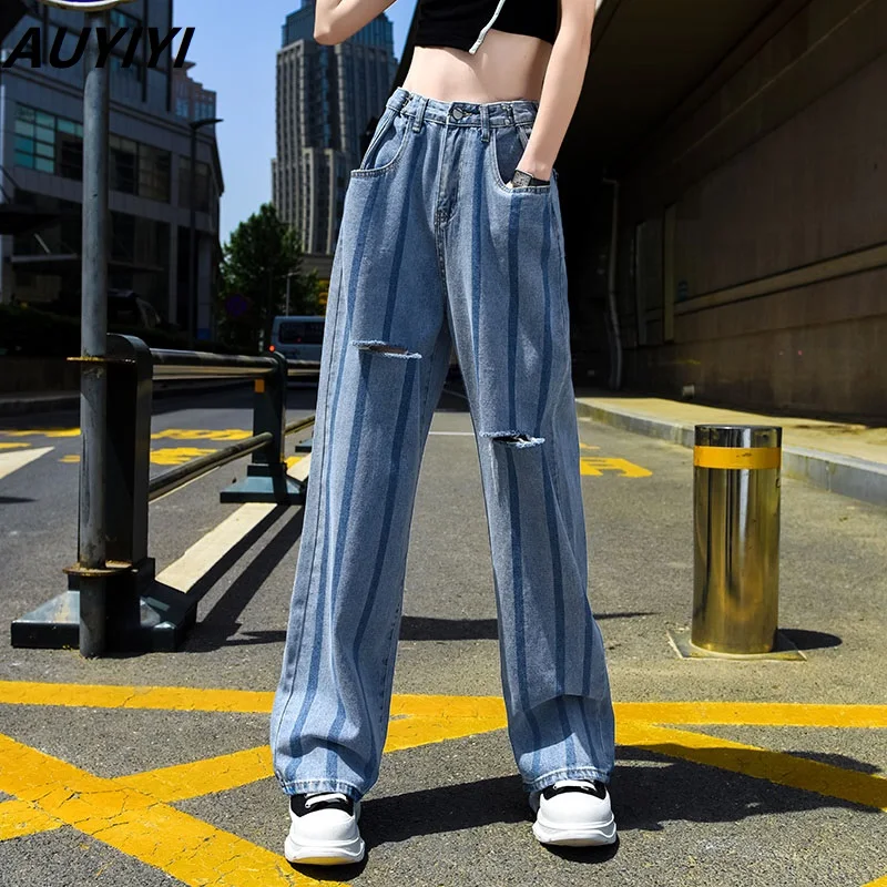 

AUYIYI Striped Ripped Jeans Summer Women's Thin Section High Waist Loose Slim Fashion Harajuku Straight Wide Leg Pants Trend