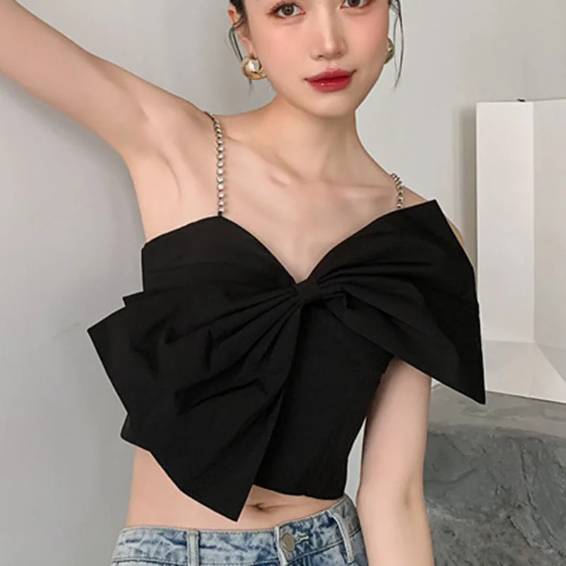 

XIZIHUPAN Black Bow Vest For Women V Neck Sleeveless Slim Chain Short Sexy Tanl Tops Female 2021 Summer Korean New Fashion Tide