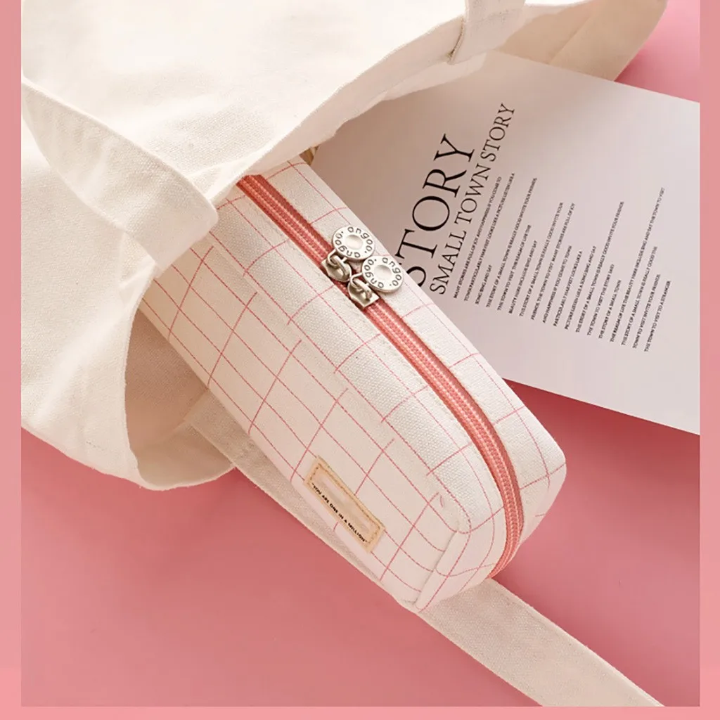 

2021 New Pink Lattice Stationery Bag with 3 compartments Pencil Case 1PC Large Capacity Pen Bag Office Stationery Bag For Kids