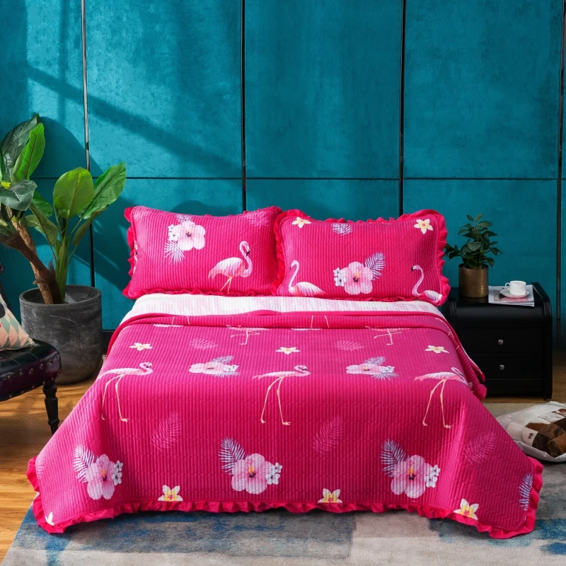 

3pc Bedspread Set Crystal Velvet Quilted Bedspread Queen AB Side Flower Quilted Bed Cover Blanket American Winter Autumn Bedding