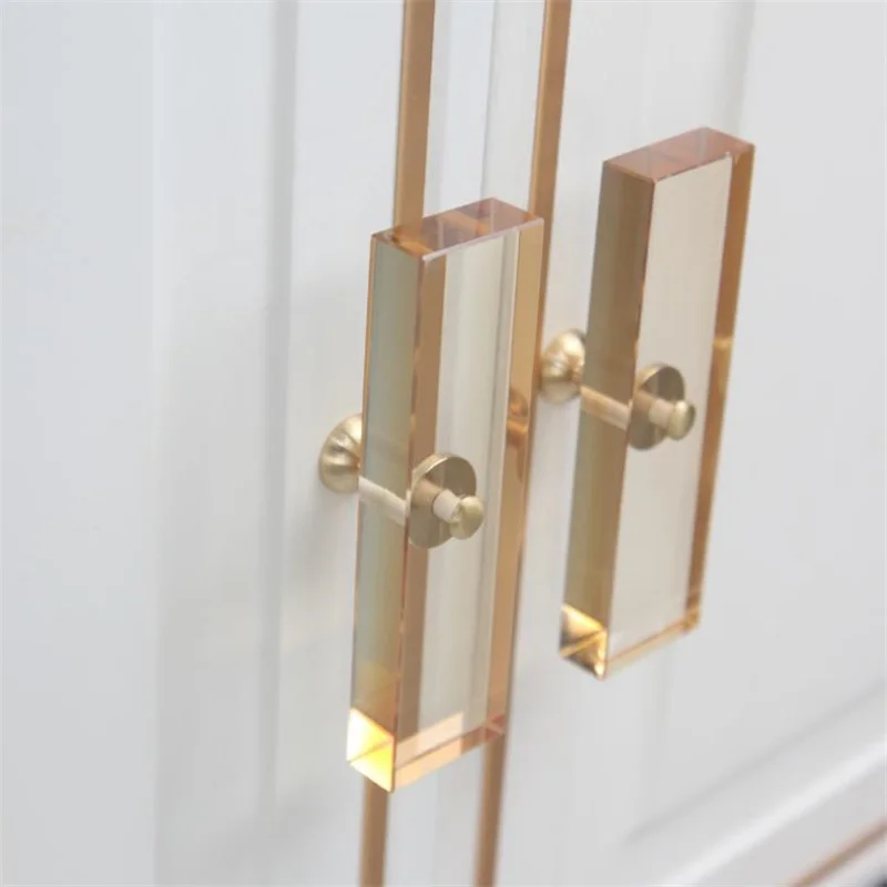 LCH  Top Quality K9 Crystal Glass Square Champagine Gold Light Amber Cabine Handle Solid Brass Modern Style Clear Door Knob Pull