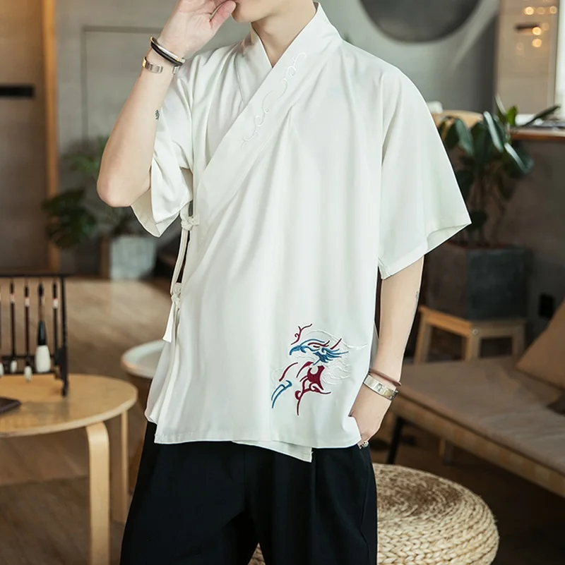 

2021 Summer Traditional Chinese Clothing For Men Short Sleeve Hanfu Tops Embroidery Men'S Tunic Tang Suit Kung Fu Clothes KK3531