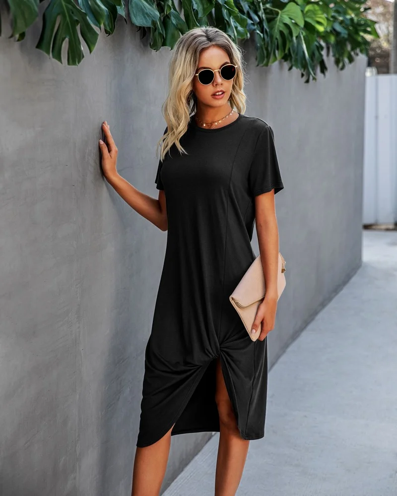 

QWEEK Summer T Shirt Dress Streetwear Women Casual Loose Balck Short Sleeve Light Midi Dress Sexy Vestidos De Mujer 2021 New Hit