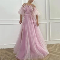 fairy prom dress 2020 new arrival pink tulle puffy sleeves appliques pleats floor length evening dresses vestido de fiesta largo