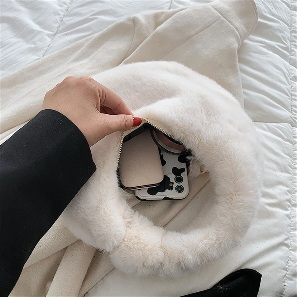 Fur Women's Small Half Moon Bag Luxury Warm Plush Wrist Bags for Women Fashion Furry Short Handle Clutch Cute Ladies Coin Purses images - 6