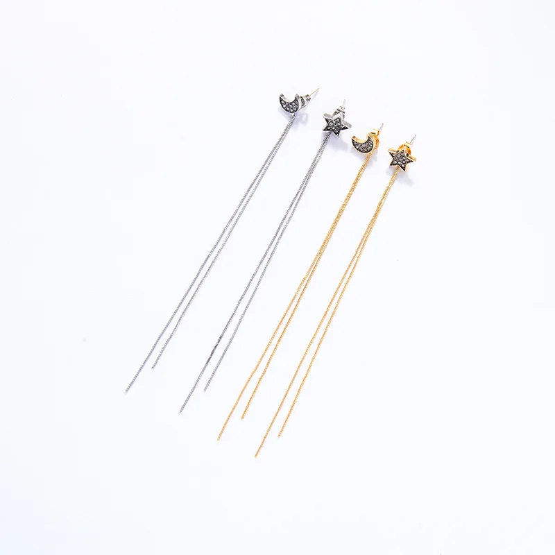 

Korean Crystal Star and Moon LongTassel Earrings Fashion Gold Silver Color Hanging Chain Bride Earring for Women Party Wedding