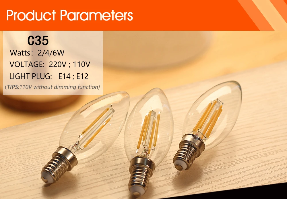 E14 Led Bulb 220v 240v 110v E12 2W 4W 6W C35 Candle Light Bulb Retro Edison Filament Lamp Chandelier Lighting Blub Home Decor