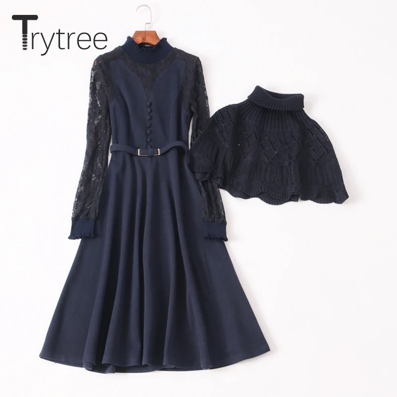 Trytree Осень Зима Женское платье на каждый день шаль с отложным воротом кружевное в