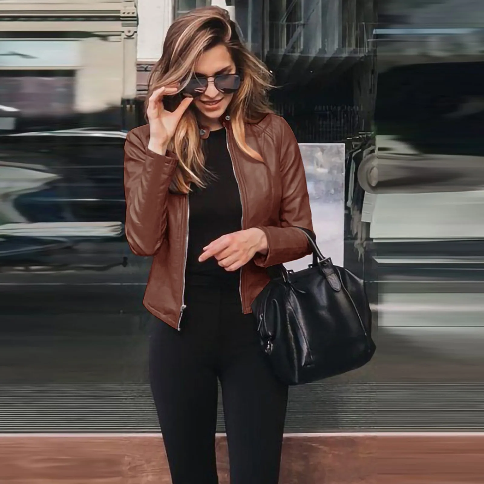 

Women Pu Leather Jackets Autumn Winter Fashion Short Solid Color Waterproof Coats Thick Keep Warm Zipper Long Sleeve Jacket R5