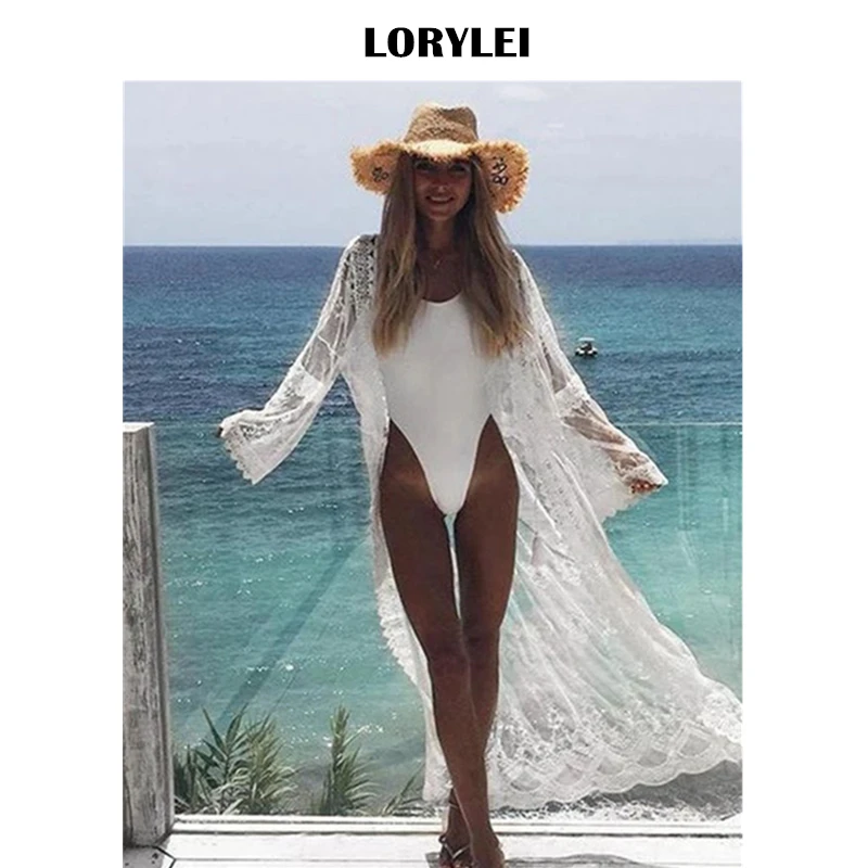 2020 сексуальный прозрачный длинный рукав белый кружевной кардиган кимоно