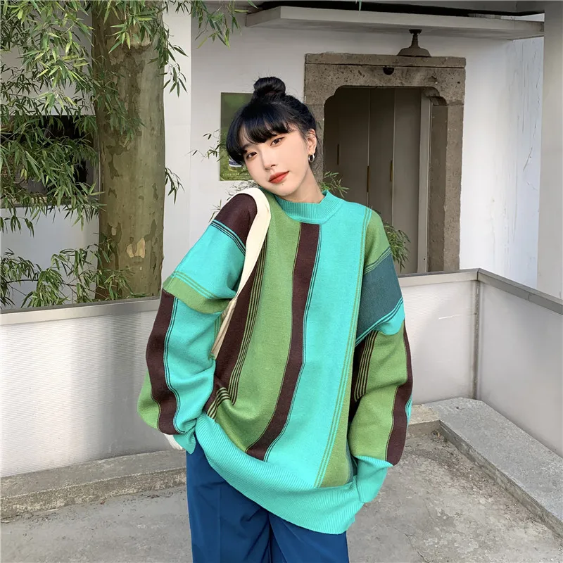 

New Autumn And Winter Oversized Lazy Wind Color Matching Striped Sweater Women's New Long Sleeve Knit Pullover Tops
