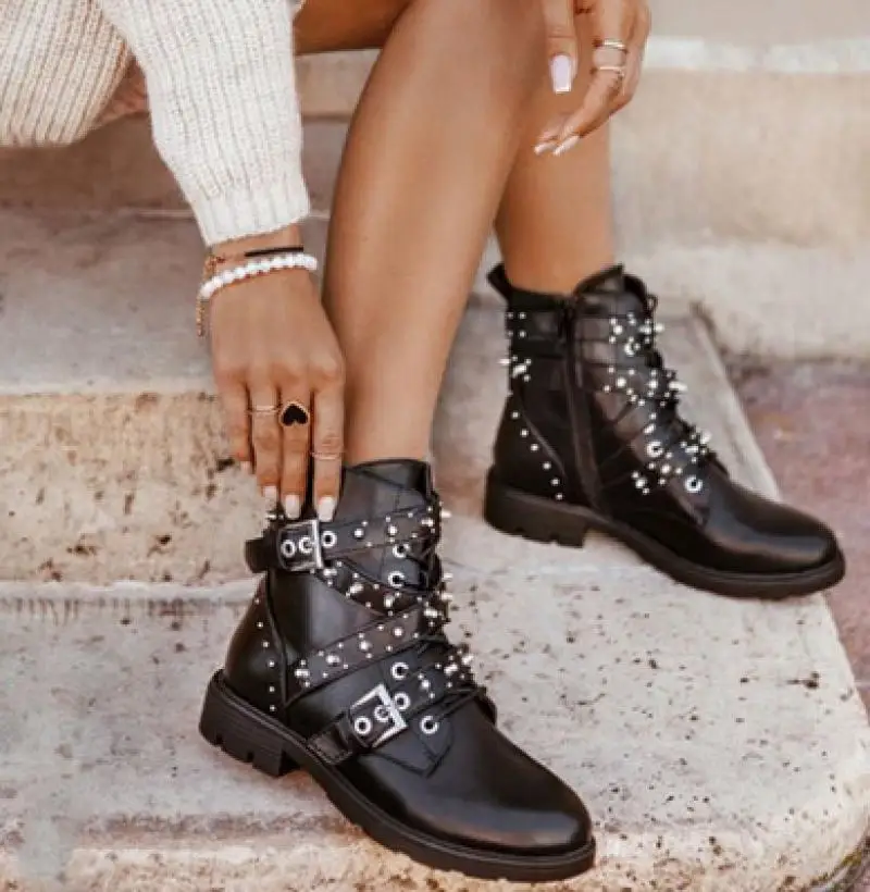 Женские ботильоны с заклепками черные ботинки в стиле панк локомотивный стиль