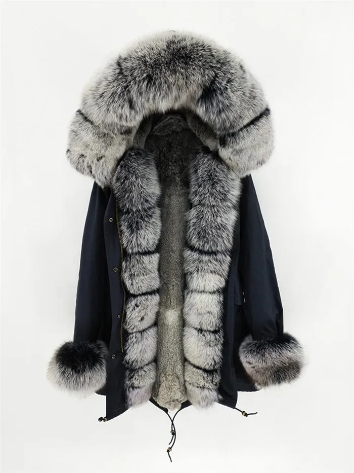 Black With Grey Роскошное натуральное меховое пальто, женская парка с подкладкой из натурального кроличьего меха, большое теплое пальто с капюшоном из лисьего меха, верхняя одежда, зимняя куртка - Цвет: Black With Grey