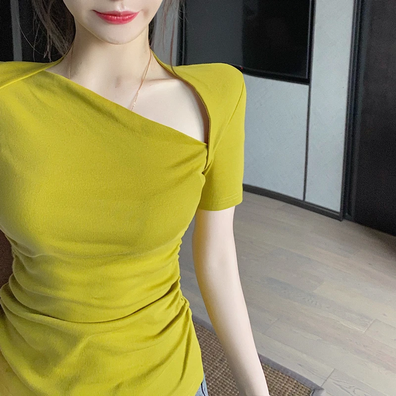 

Real Photos Short Sleeve Skew Collar Slim T-shirt Tee Girls Solid Stretchy Summer Irregular Tshirts Tops For Women
