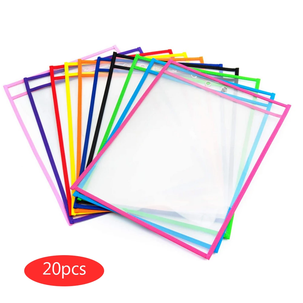 

HOT 20pcs Reusable Dry Erase Pockets Worksheet Sleeves Shop Ticket Holder Assorted Colors 10x14 inch For Teaching Supplies Kids