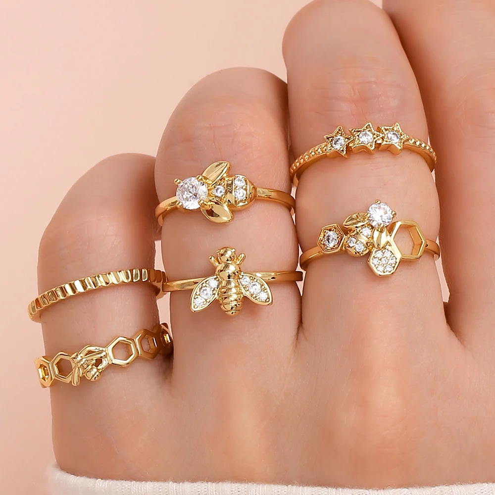 

Geometric CZ Zircon Bee Insect Rings for Women Simple Gold Silver Color Honeycomb Stacking Rings Fashion Ladies Party Jewelry