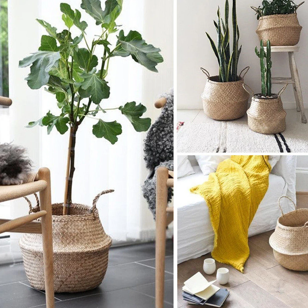 

Household Foldable Natural Seaweed Woven Storage Pot Garden Flower Vase Hanging Basket Storage Basket Home Decor Planter