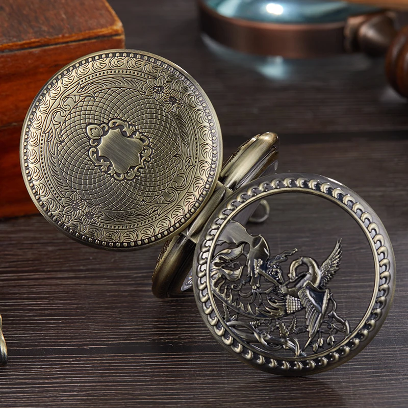 Vintage Bird Mechanical Pocket Watch Skeleton Fine Laser Engraved Case Fob Chain Clock for Men Women Collection Dropshipping