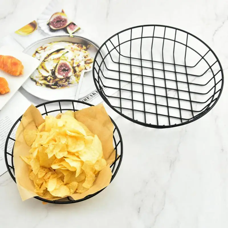 

Creative Snack Iron Net Storage Basket Round Fruit Ware Restaurant Fruit Tray Hollow French Fries Frame Food Tray Christmas Gift