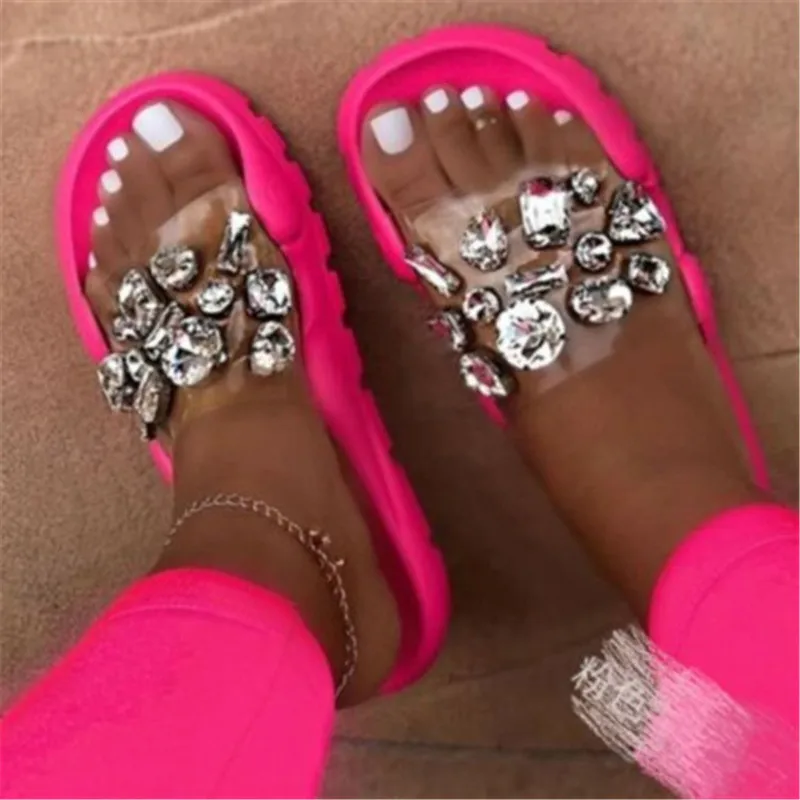 

Ladies Summer Slippers With Rhinestone Decoration Bright Color Wedges Soft Slippers Casual Leaky Toe Beach Shoes Outdoor Slipper