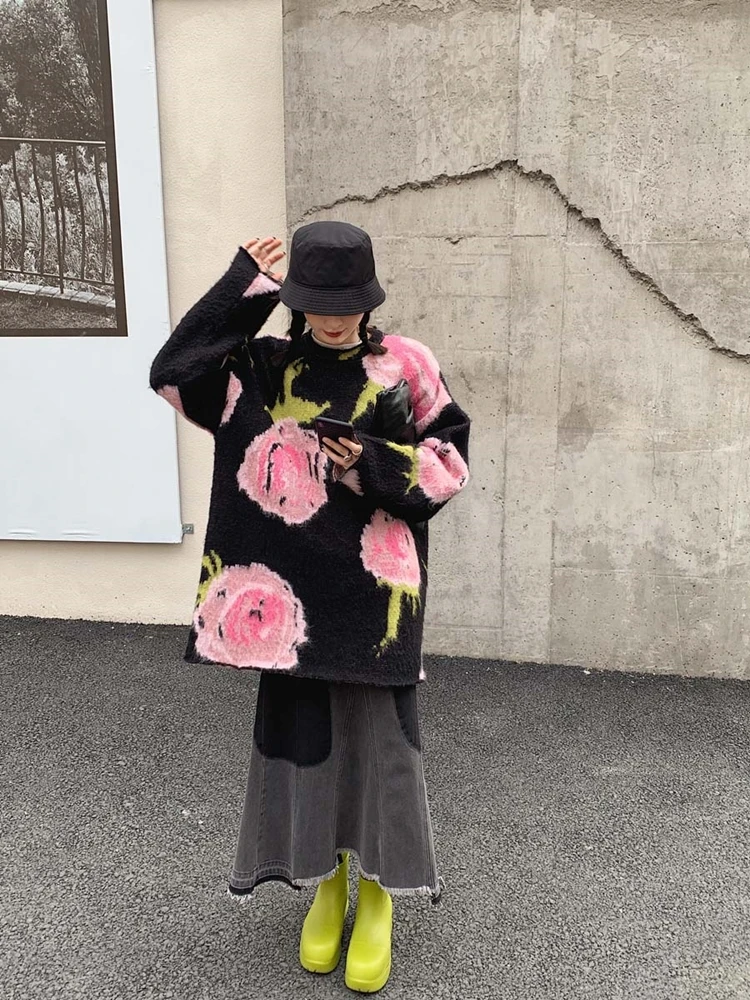 Flower Pattern Fashion Basic Hit Casual Regular 2020 Female Women Long Sleeve All Match College Wind Hit Hot Sale Sweaters New