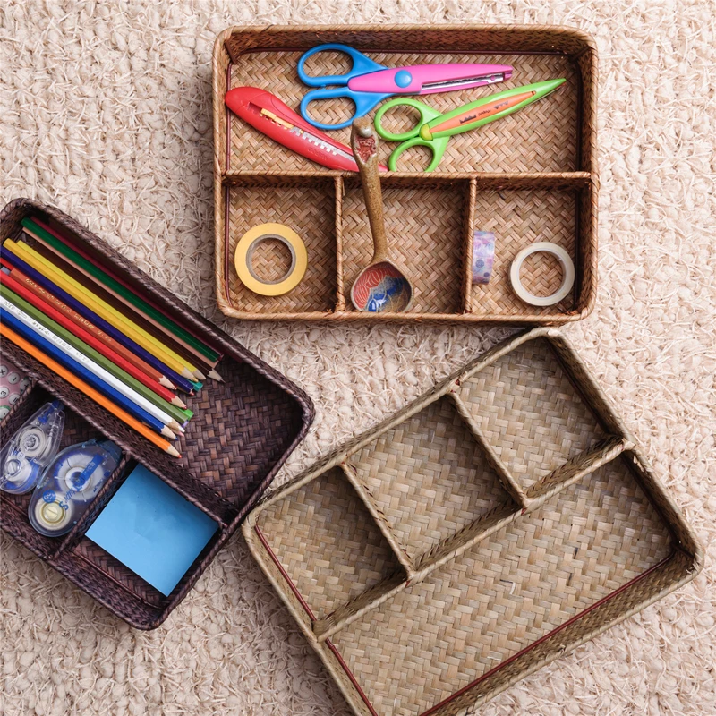 

Настольная корзина из соломы, рабочая корзина, натуральный Плетеный органайзер для всякой всячины, домашний декоративный прямоугольный ко...