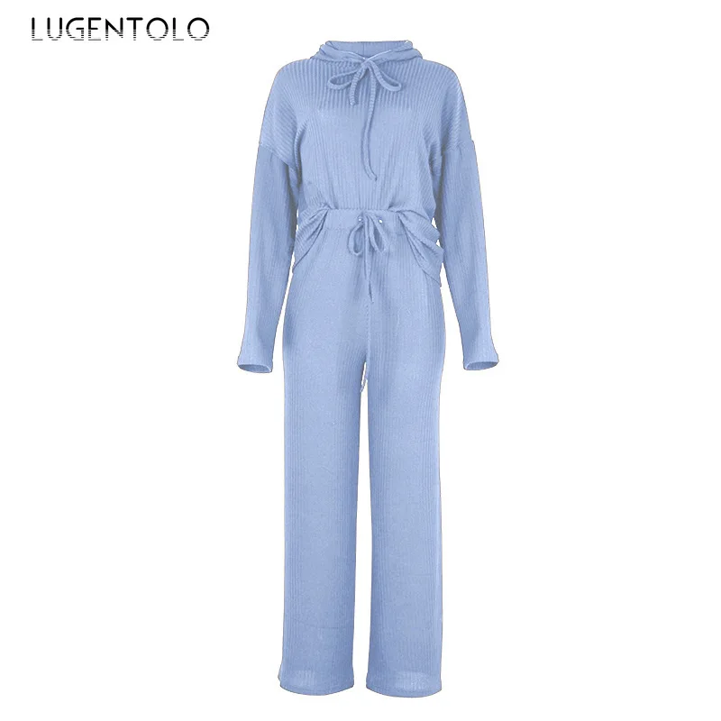 

Lugentolo Women Two Piece Set Autumn Hooded Solid Long Sleeve Tops Loose Drawstring Casual Long Pants Female Sets
