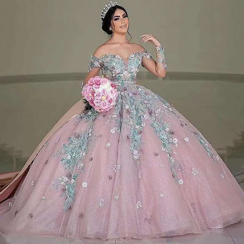 

Fabulous Beaded 3D floral Wedding Dresses Sequined Off The Shoulder Neck Long Sleeves Bridal Gowns Appliqued Vestidos De Novia