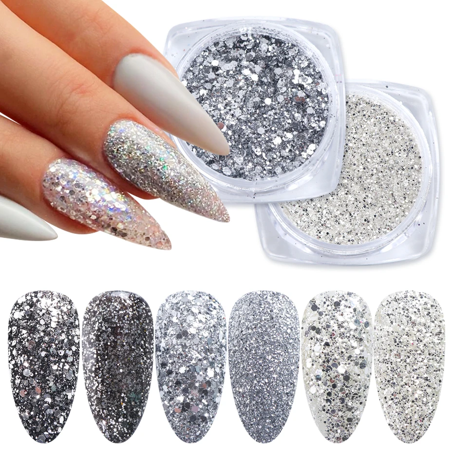 6 шт серебряных блестящий порошок смешанный для ногтей шестигранные блестки