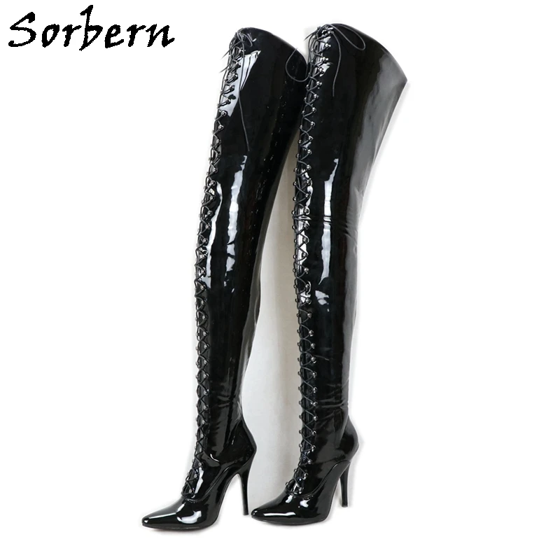 

Sorbern Black Patent Crotch Thigh Boots Ladies Customized Wide Fit Lace Up Pointy Toes Fetish Extreme Long Boot Stiletto Heel