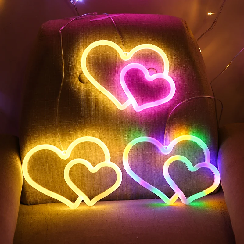

Неоновый светодиодный светильник, цветная настенная неоновая вывеска с двойным сердцем для комнаты, дома, вечерние ринки, свадьбы, Дня Свят...