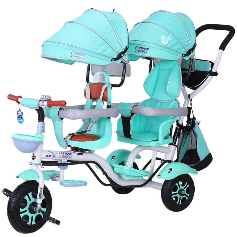 4 in 1 Twin Baby Stroller Children's Tricycle Double Seat Bicycle Baby Infant Child TrolleyTravel Umbrella Carriage1-6Y