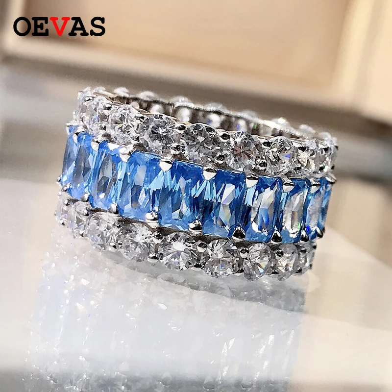 

OEVAS 100% 925 Sterling Silver Sparkling Aqul Blue Row diamond Ring Diamond Wedding Rings For Women Fine Jewery Gifts