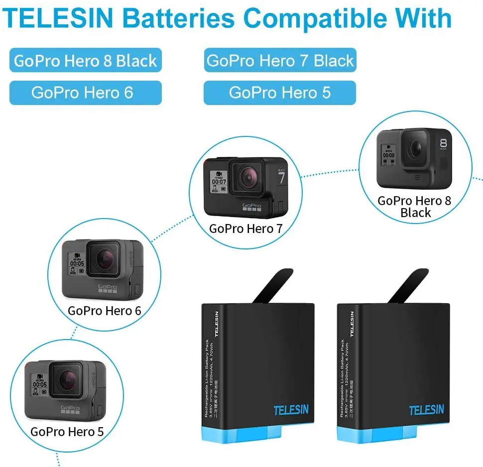TELESIN Battery Charger Storage Box Set+Battery+Cable for Hero 8 7 6 5 Black Gopro Bateria Camera Accessories | Электроника