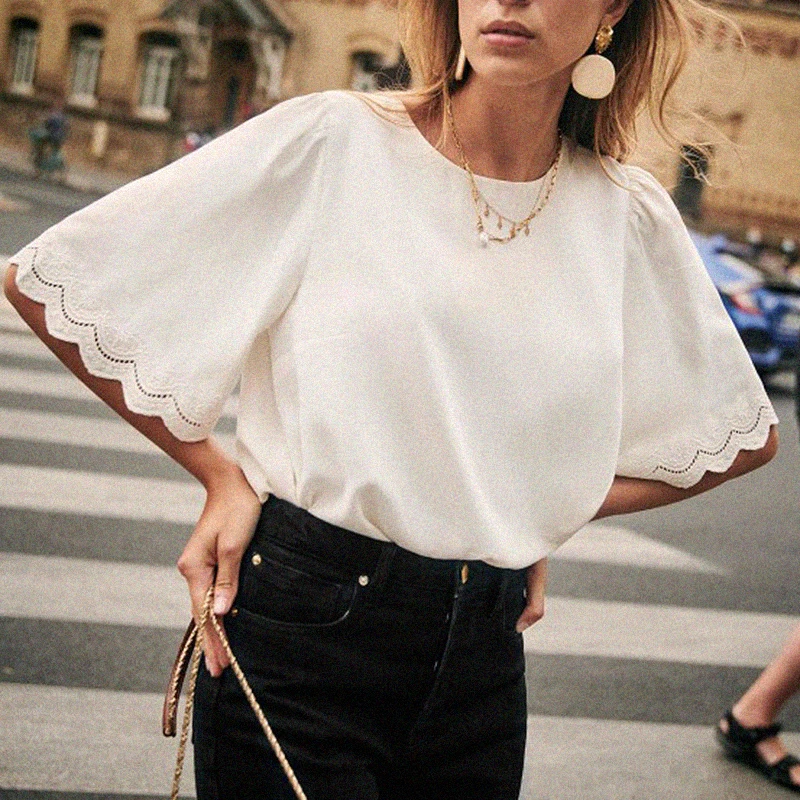 

Hollow Out Shirts Femme Embroidery Flared Sleeve White Shirt Round Collar Ruffles Shirt Elegant Hauts Mujer chemisier Tops