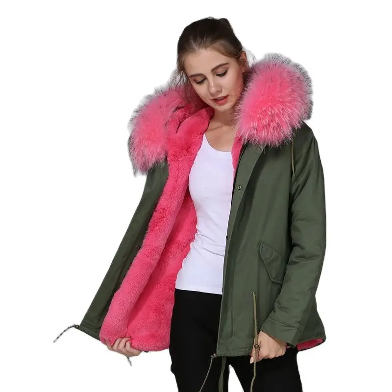 Mhnkro New Arrival Peach Pink Soft Raccoon Fur Collar Ladies Winter Casual Short Length Luxury Fur Parka With Hoodies