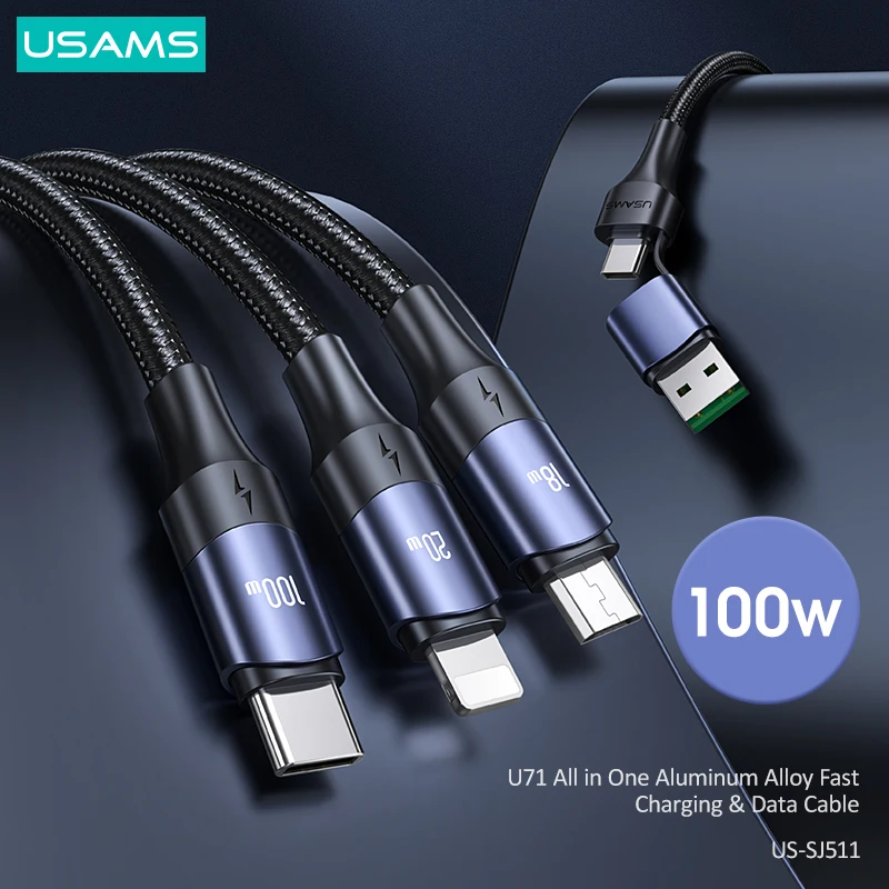 

USAMS 100W 6A 3 in 2 Cable USB A C To Lightning Type C Cable QC PD Fast Charge Cable For iPhone 13 12 11 Pro Max Huawei Xiaomi